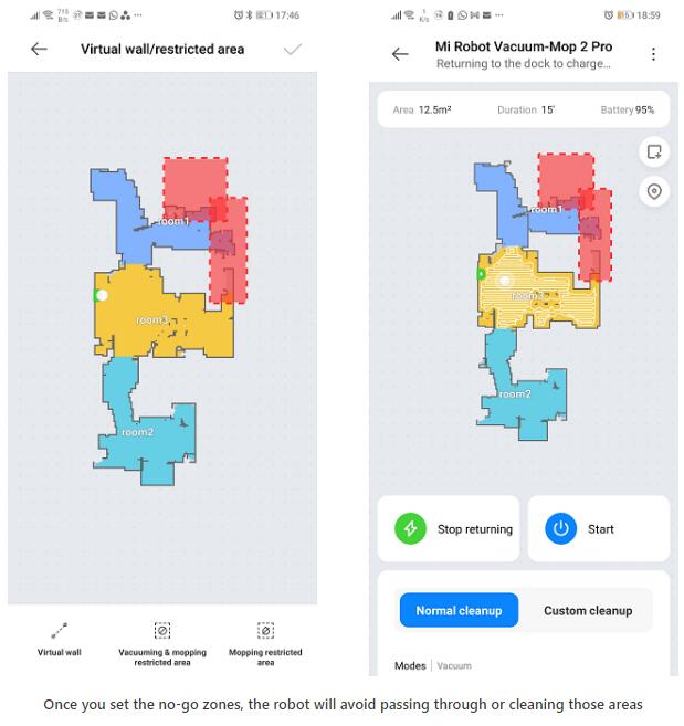 Once you set the no-go zones, the robot will avoid passing through or cleaning those areas
