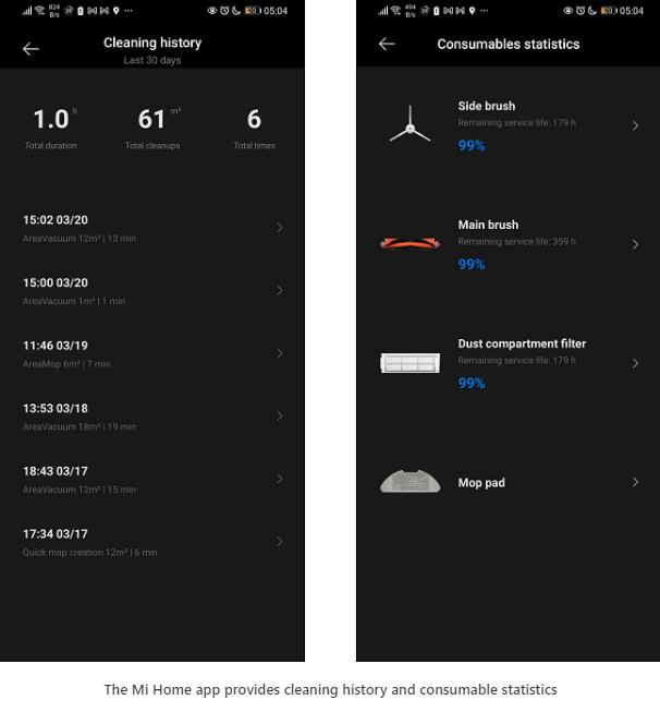 The Mi Home app provides cleaning history and consumable statistics