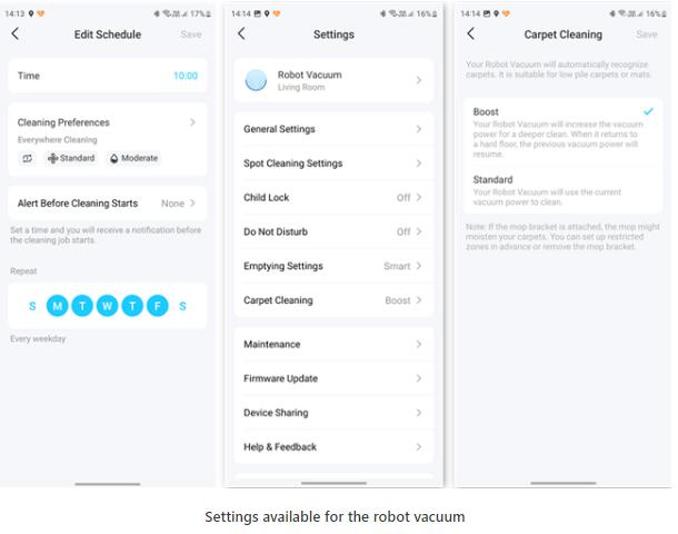 Settings available for the robot vacuum