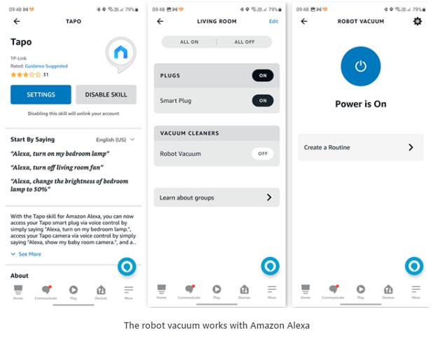The robot vacuum works with Amazon Alexa